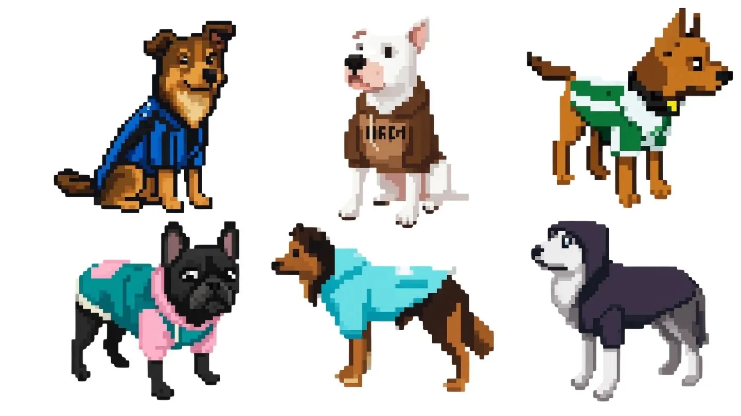 varias razas de perro con distintas prendas de streetwear: hoodies, camisetas e impermeables
